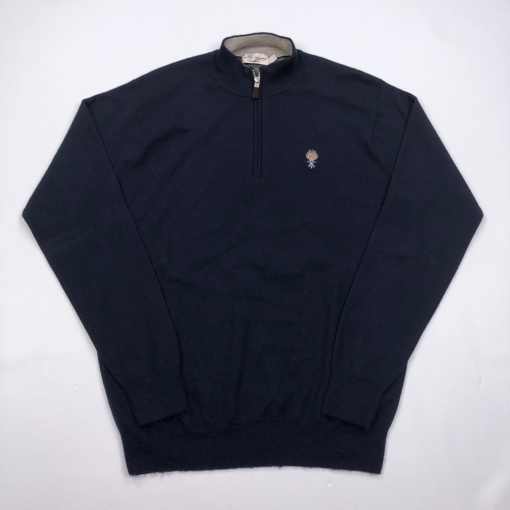 Peter Millar Crown Comfort Cashmere Blend Blue 1/4 Zip Ford Field River Club L